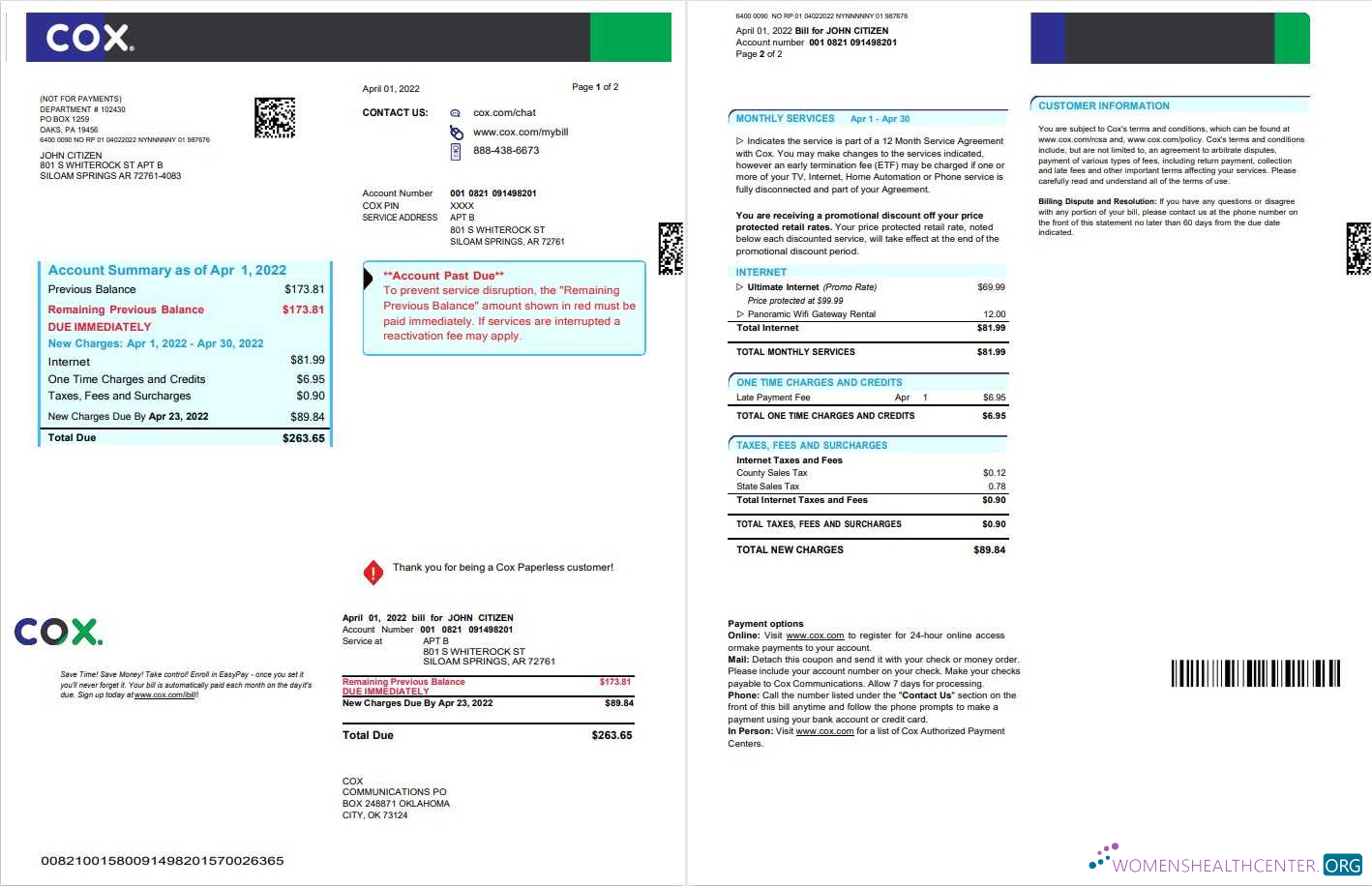 download USA COX digital cable television utility bill, Word and PDF template, 2 pages PDF template